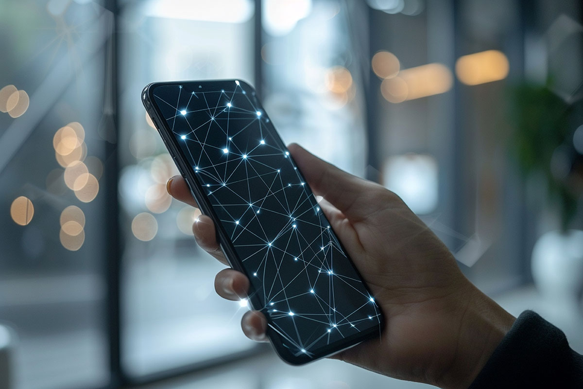 A hand holding a phone with interconnect dots shown on screen